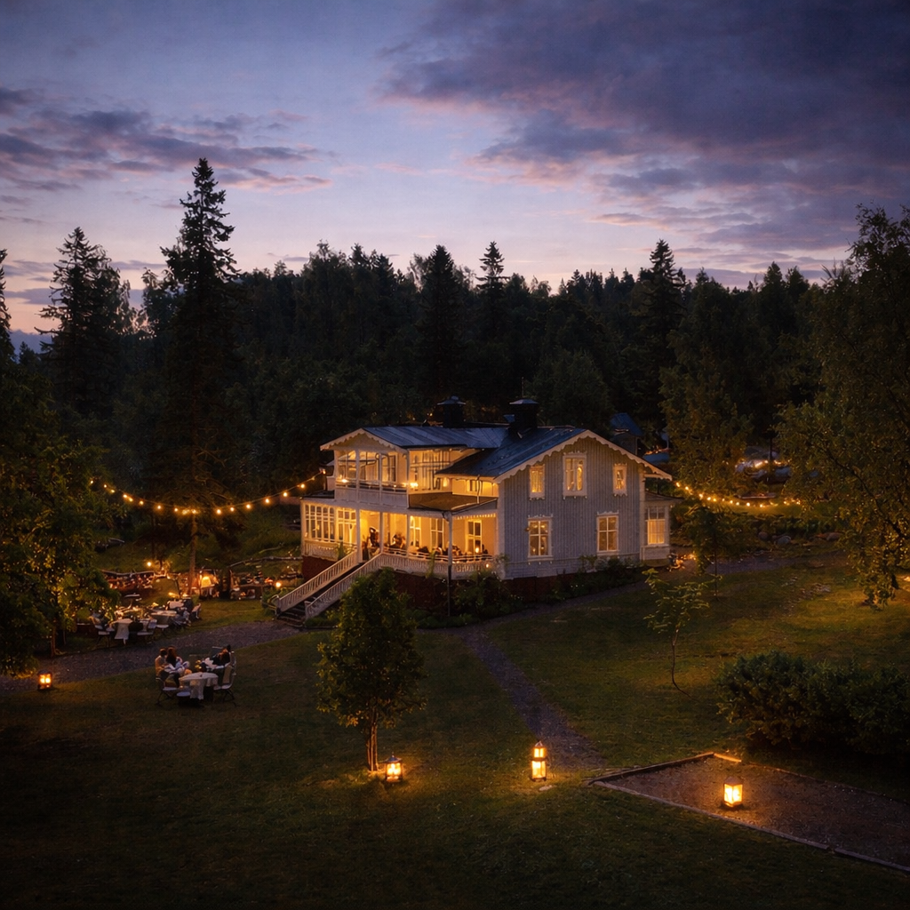 Fest och firande på Restaurang Villan i Höga Kusten med upplyst villa kvällstid